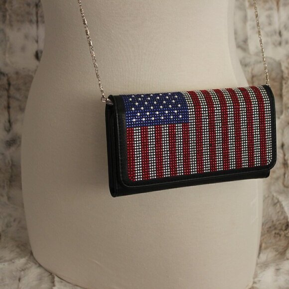 Patriotic Red White Blue Rhinestone Bling Black Hobo Crossbody Mini Shoulder Bag - Picture 5 of 11